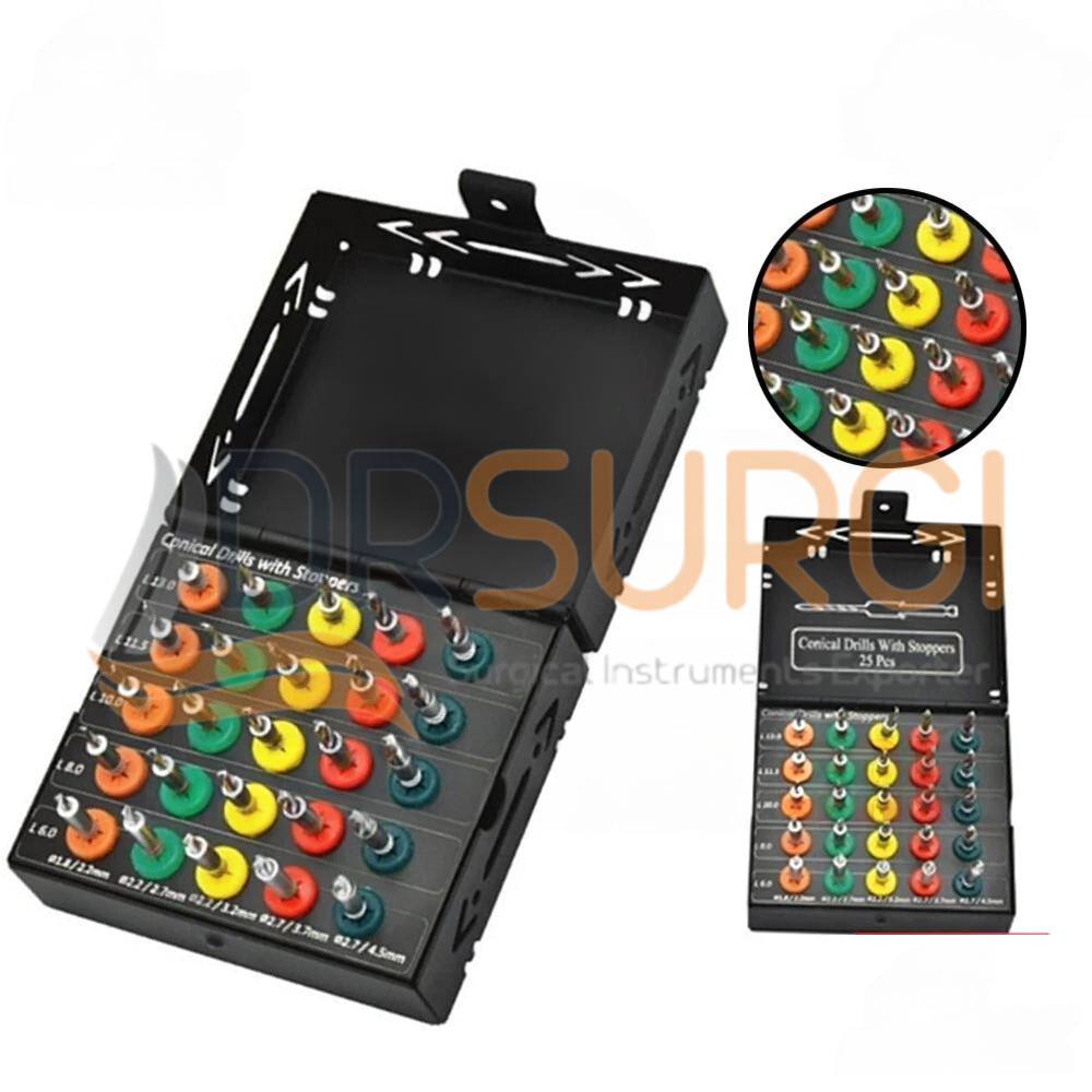 Dental Conical Drills Surgical Black Coated Kit 25 Pcs With Stopper Set