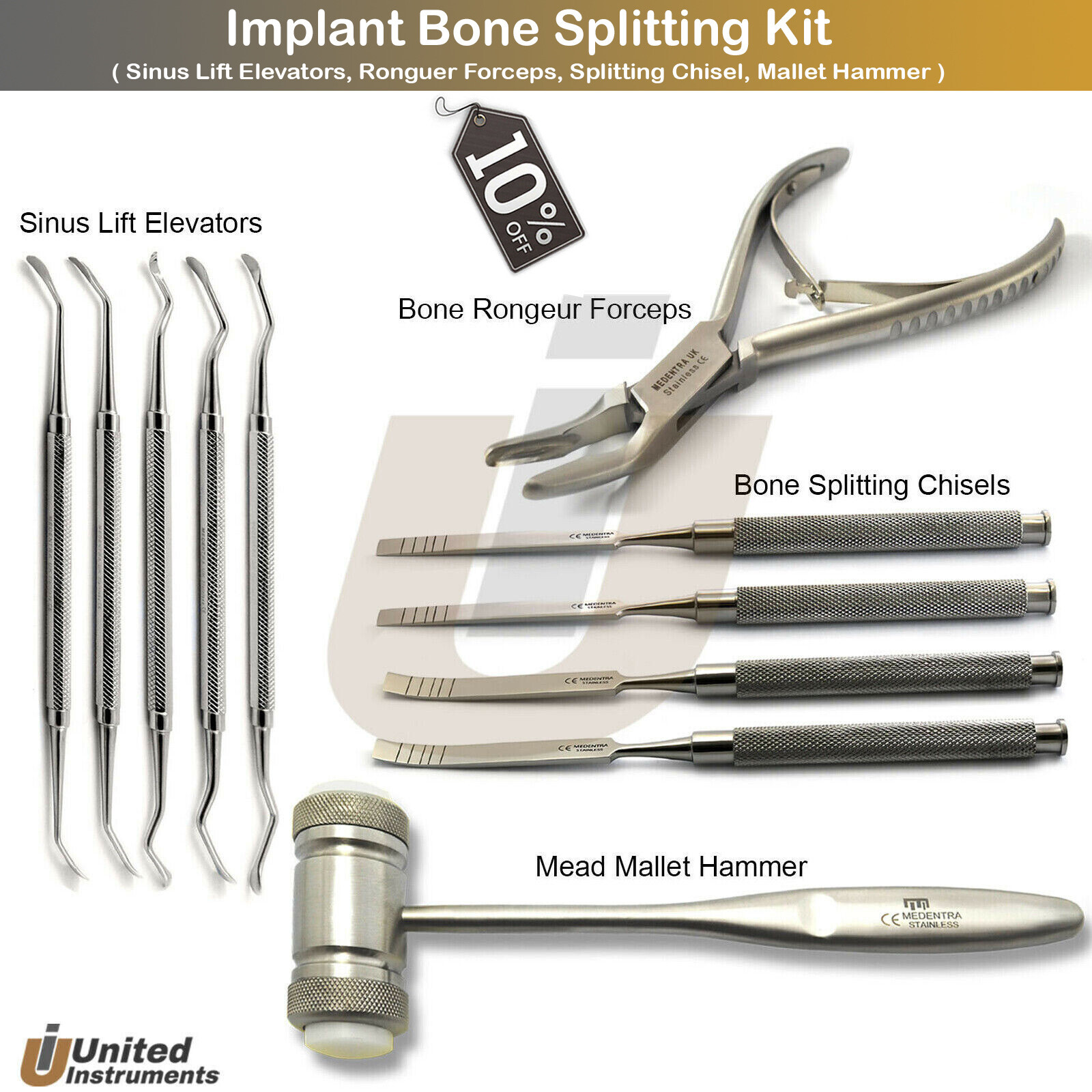 Dental Bone Splitting Extraction Chisels Bone Mallet Hammer Sinus Lift Elevators