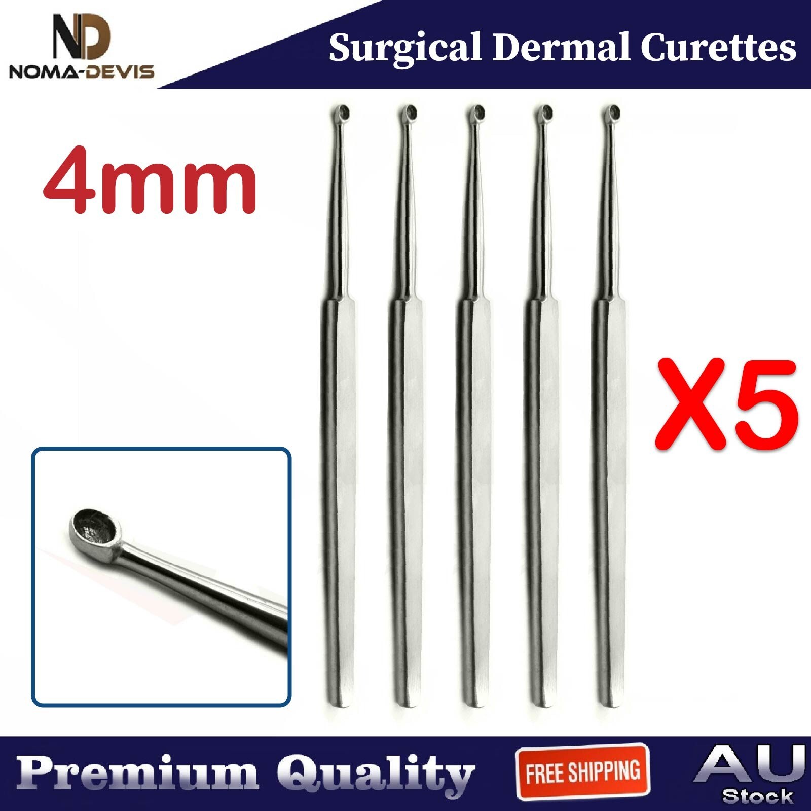Surgical Skin Treatment Dermal Curettes 4mm Basic Podiatry Nail Elevator NEW X5
