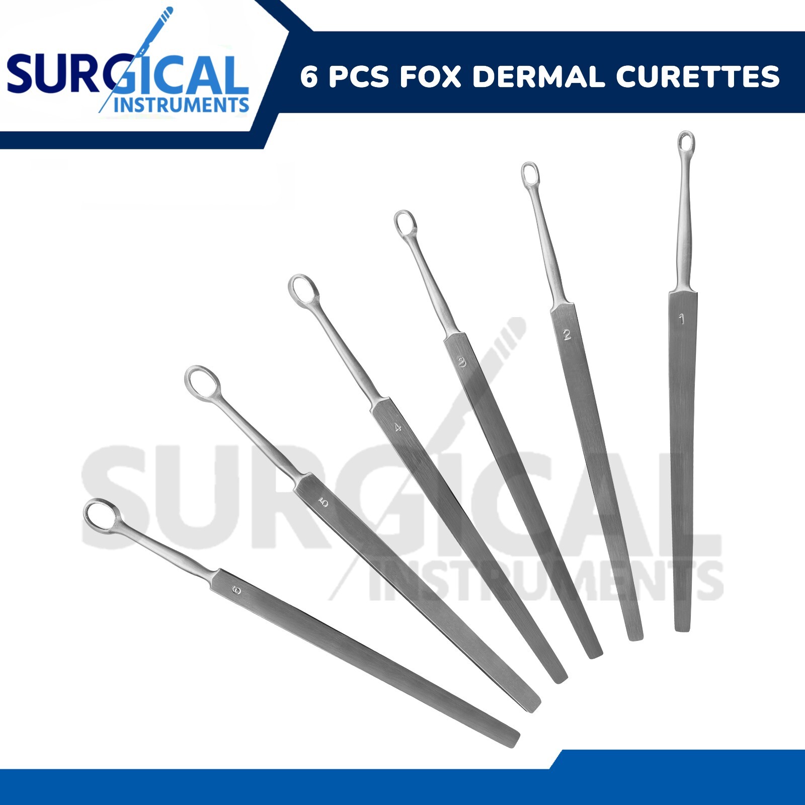6 Fox Dermal Curettes Surgical ENT Instruments 1, 2, 3, 4, 5, 6 mm German Grade