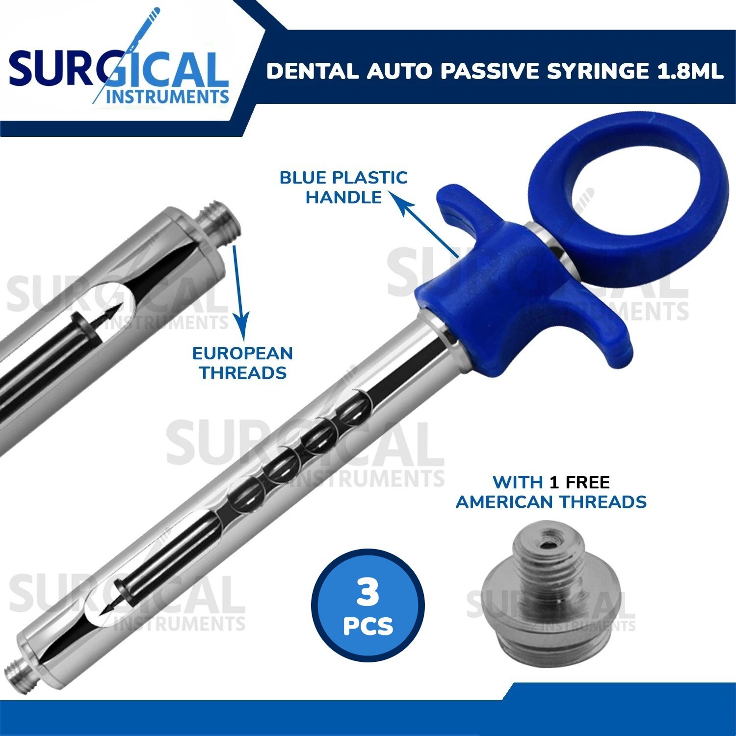 3 Pcs Dental Anesthetic Syringes 1.8ml Cartridge Auto Passive Blue German Grade