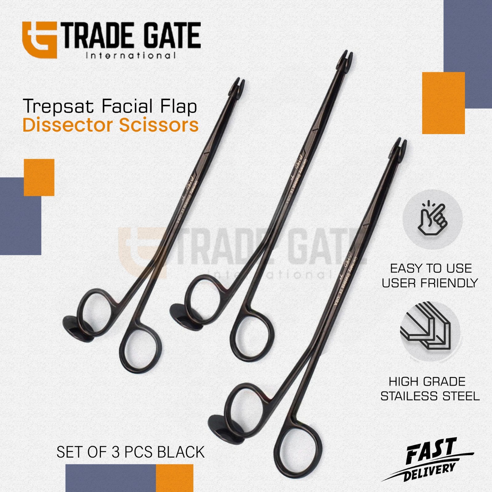 Trepsat Facial Flap Dissector Scissors Set of 3 Pcs Black Gold