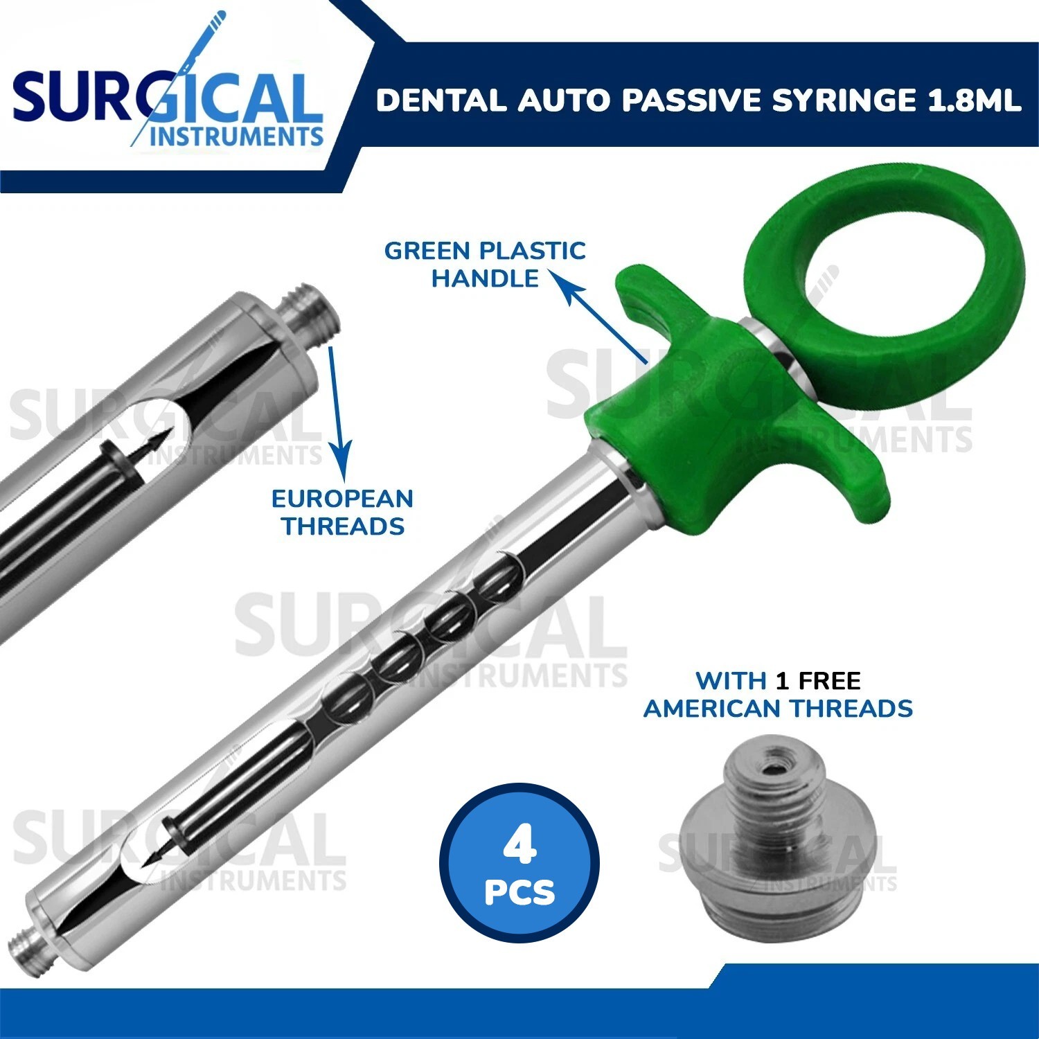 4 Pcs Dental Anesthetic Syringes 1.8ml Cartridge Auto Passive Green German Grade