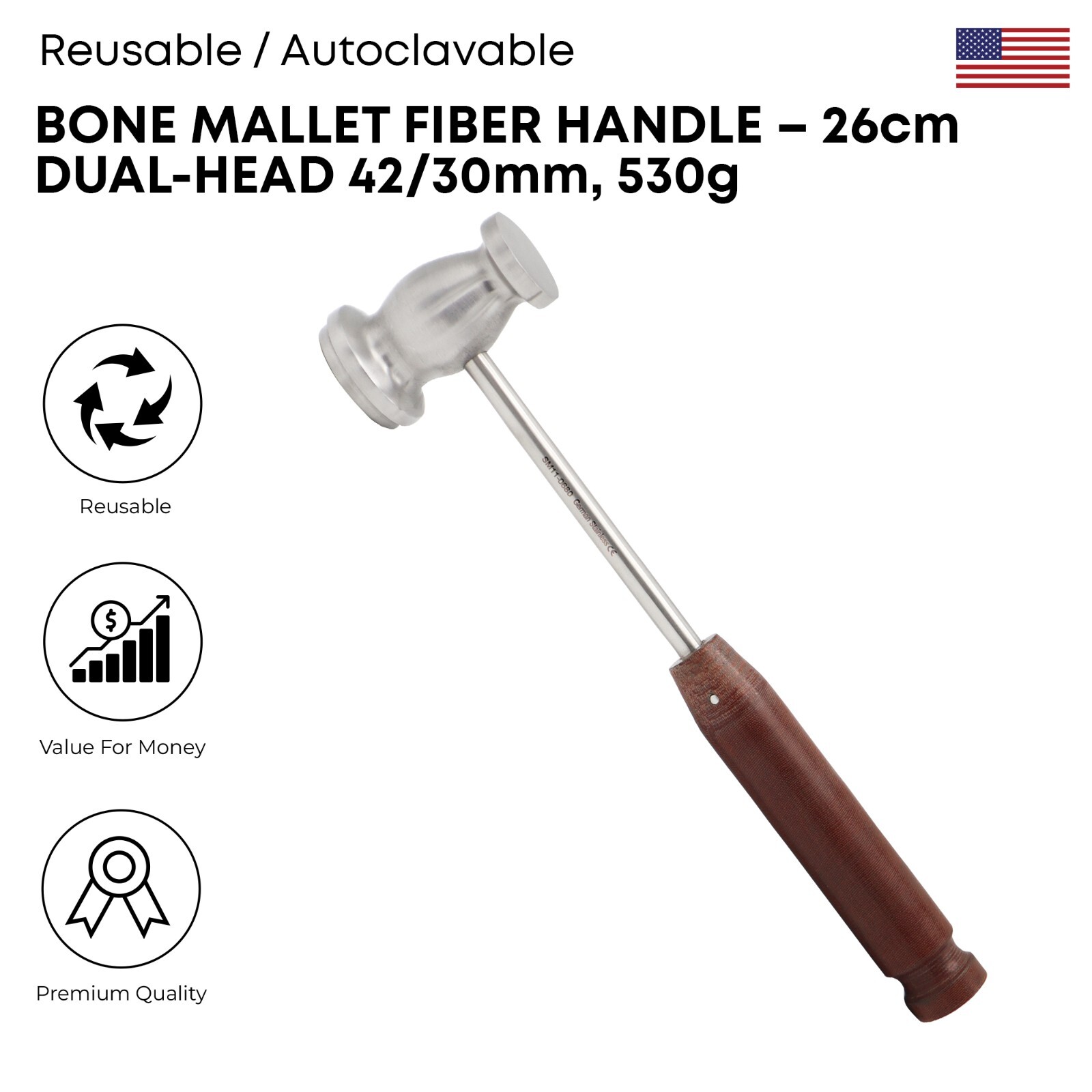 Bone Mallet Fiber Handle 26cm Dual Head 530g Premium Surgical Instruments