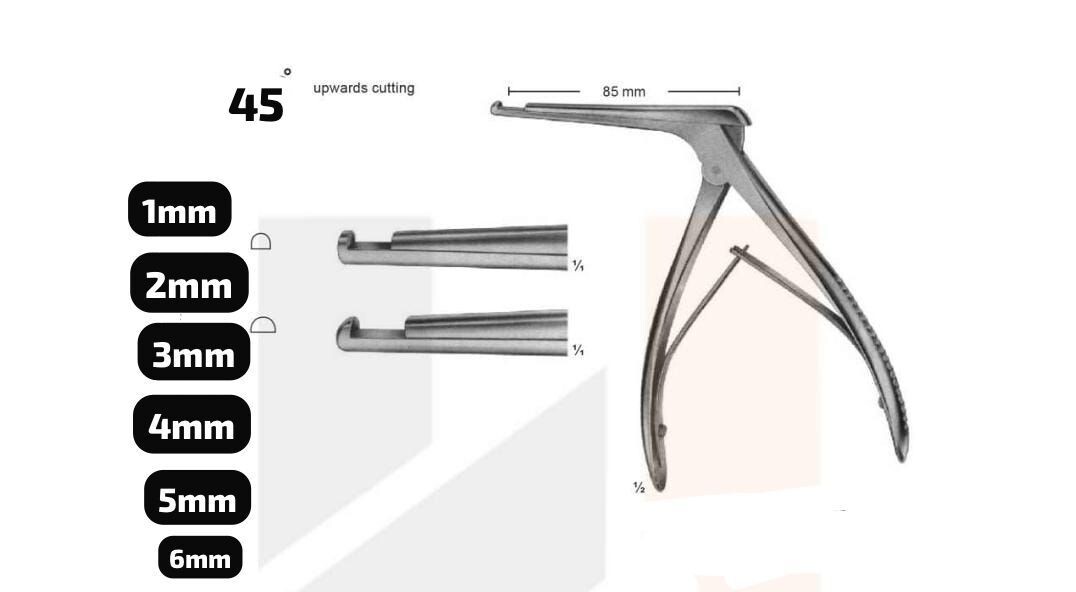Kerrison Antrum Punch Rongeurs shaft 85mm, 45 degree, Bite 1mm to 6mm A+