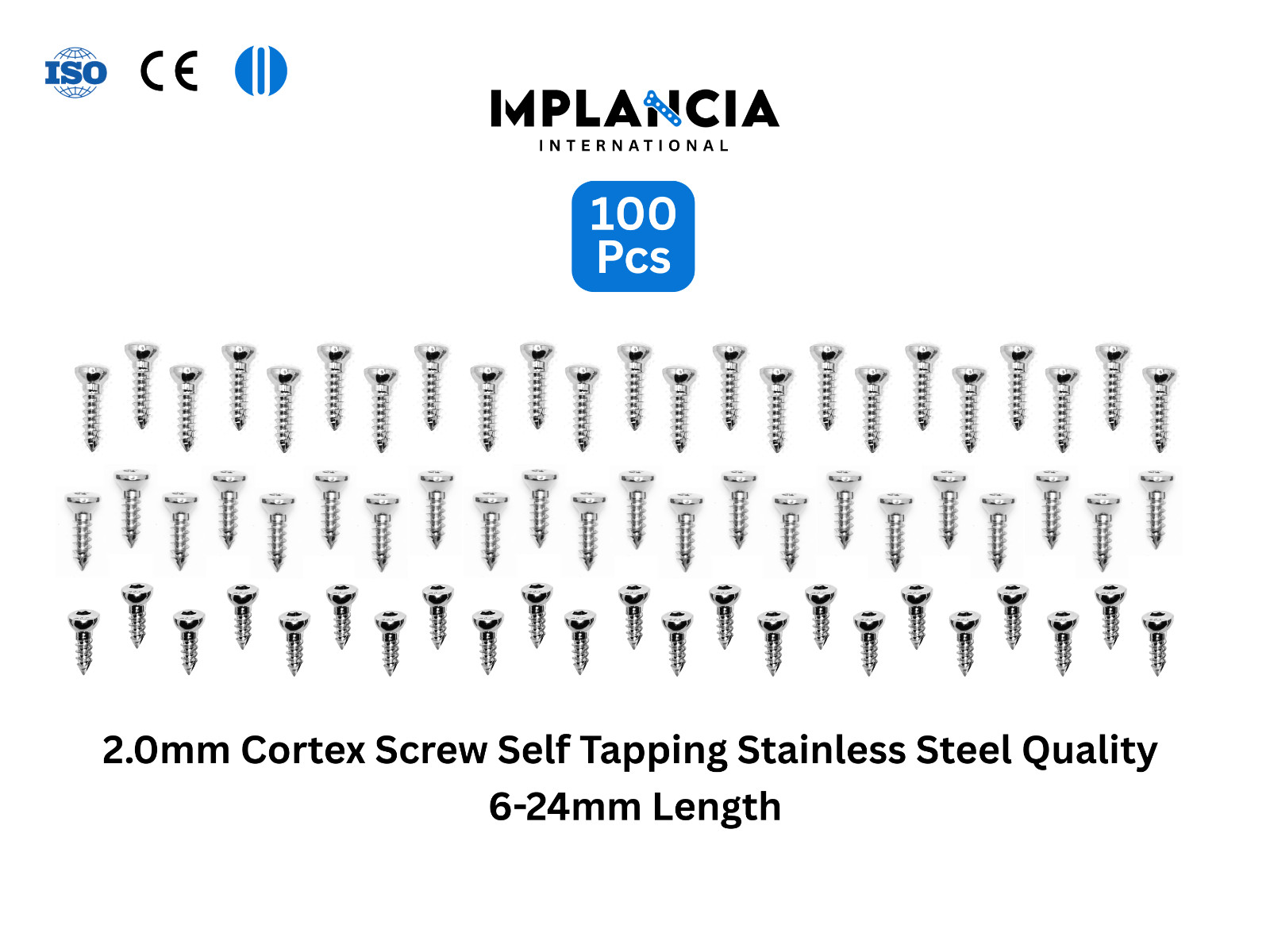 2.0mm AO Cortex Self-Tapping Screws Set 100 Pcs Stainless Steel Premium Quality