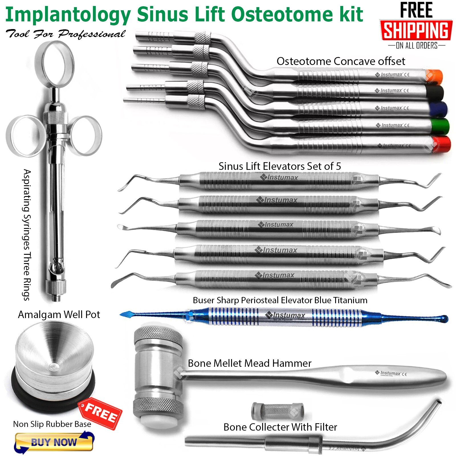 Dental Implant Sinus Lift Osteotome Kit Bone Spreading Mallet Hammer Cassette